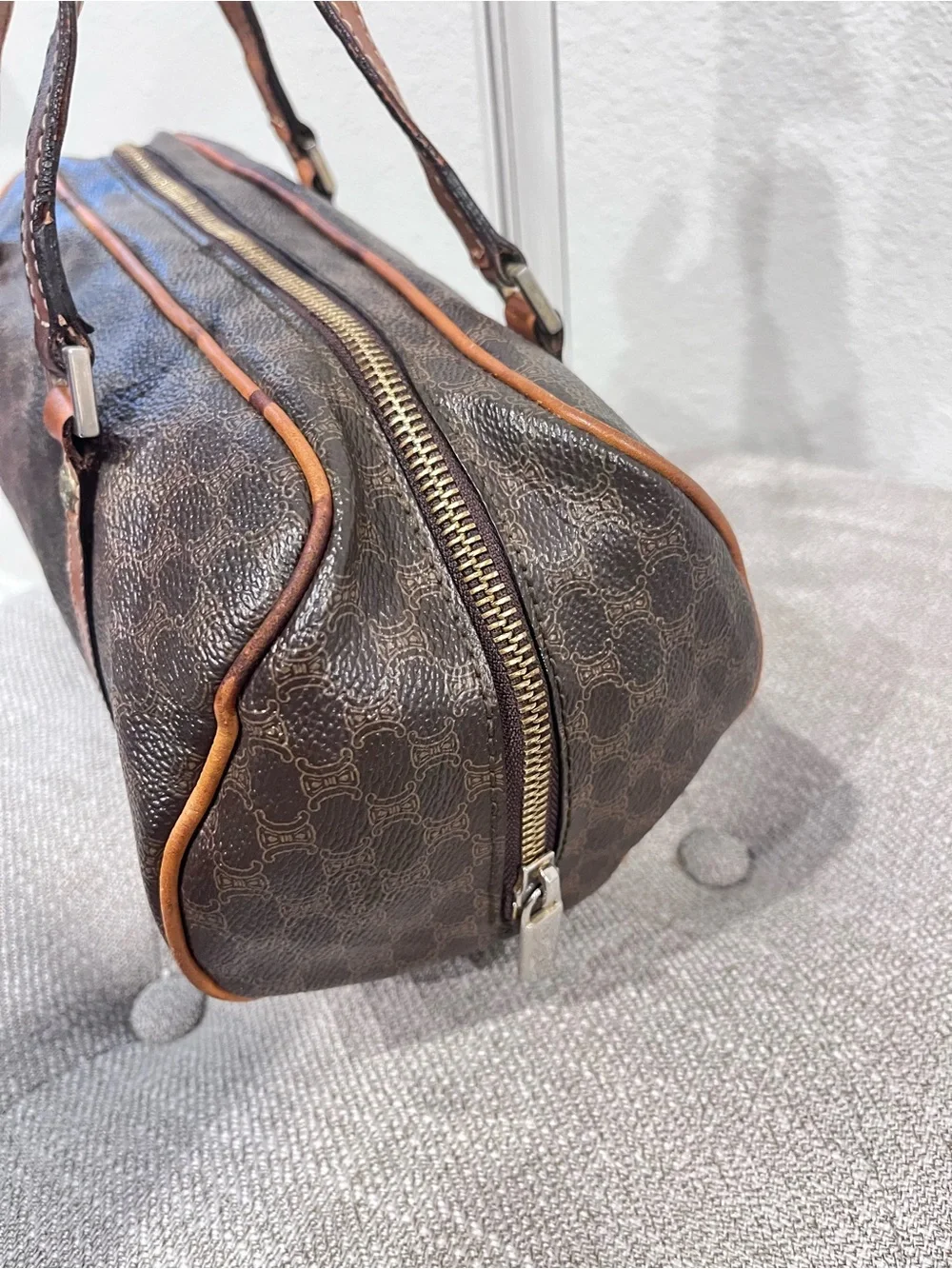 CELINE BROWN MACADAM COATED CANVAS BOSTON BAG